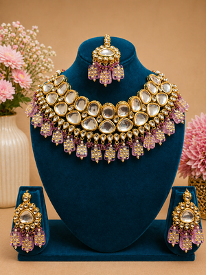 Royal Purple Kundan Choker Jewellery Set with Earrings & Maang Tikka