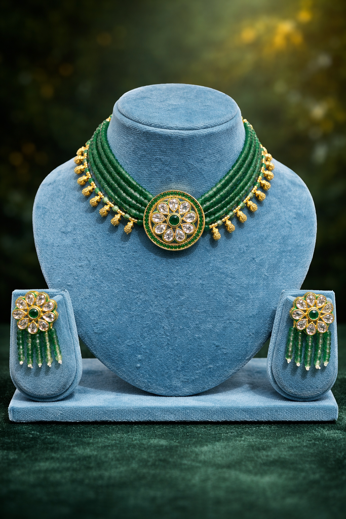 Emerald Bloom Handmade Beaded Choker Set