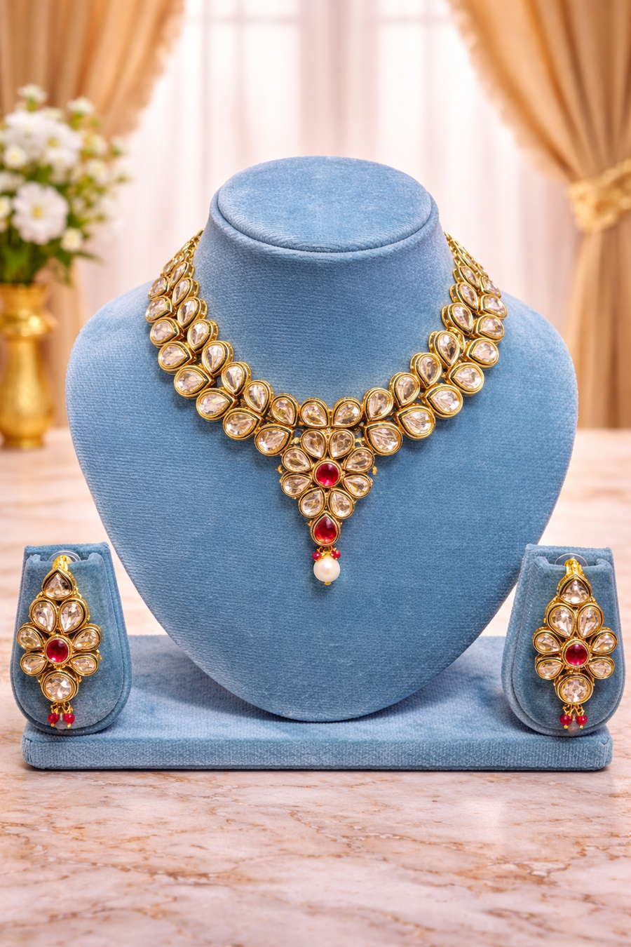 Royal Kundan Pearl Necklace Set with Ruby Accent