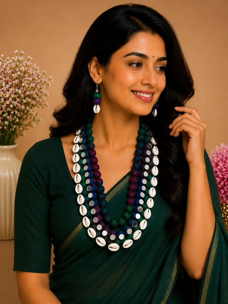 💙 Multicolor Handmade Fabric &amp; Cowrie Shell Statement Necklace Set