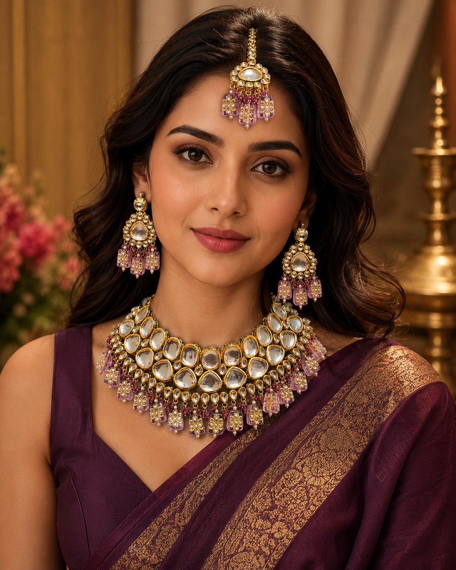 Royal Purple Kundan Choker Jewellery Set with Earrings & Maang Tikka