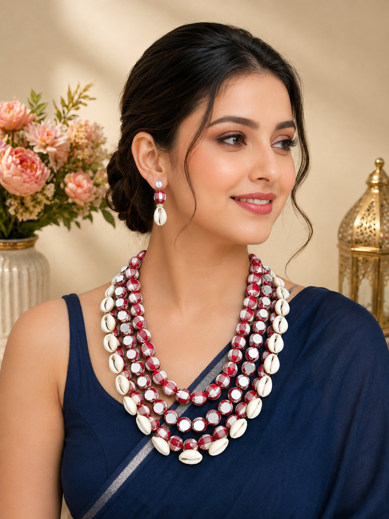❤️ Red &amp; Ivory Handmade Fabric Necklace Set
