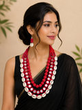 Pink Handmade Fabric, Mirror &amp; Cowrie Shell Necklace Set
