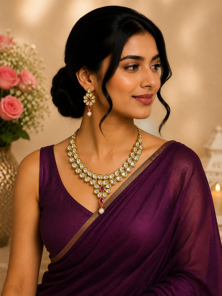 Royal Kundan Pearl Necklace Set with Ruby Accent