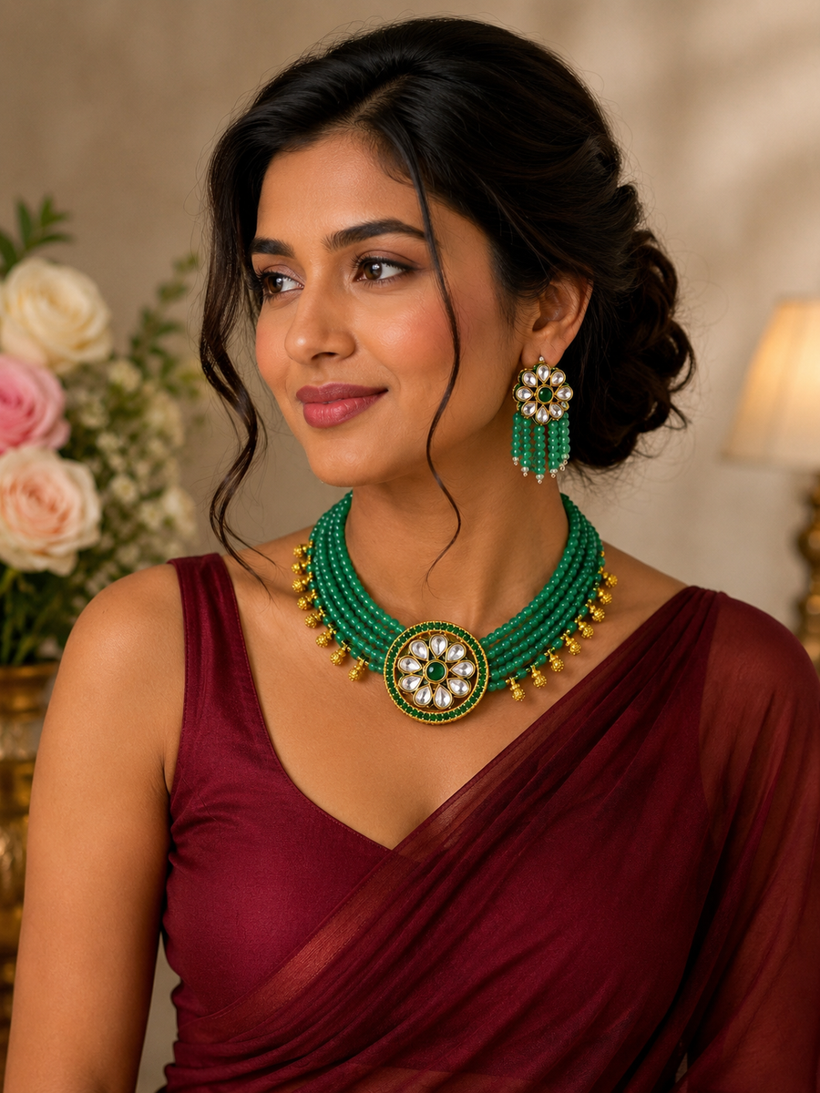 Emerald Bloom Handmade Beaded Choker Set