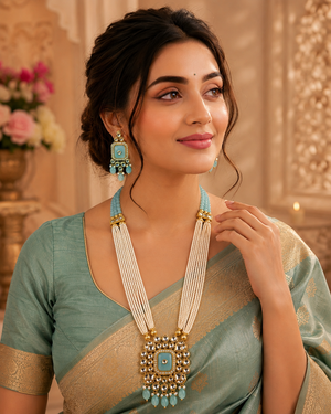 Royal Pearl & Mint Green Kundan Statement Necklace Set