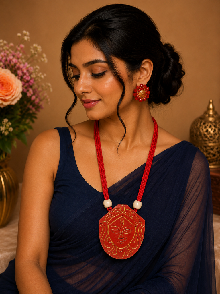 Maa Durga Crimson Terracotta Jewellery Set